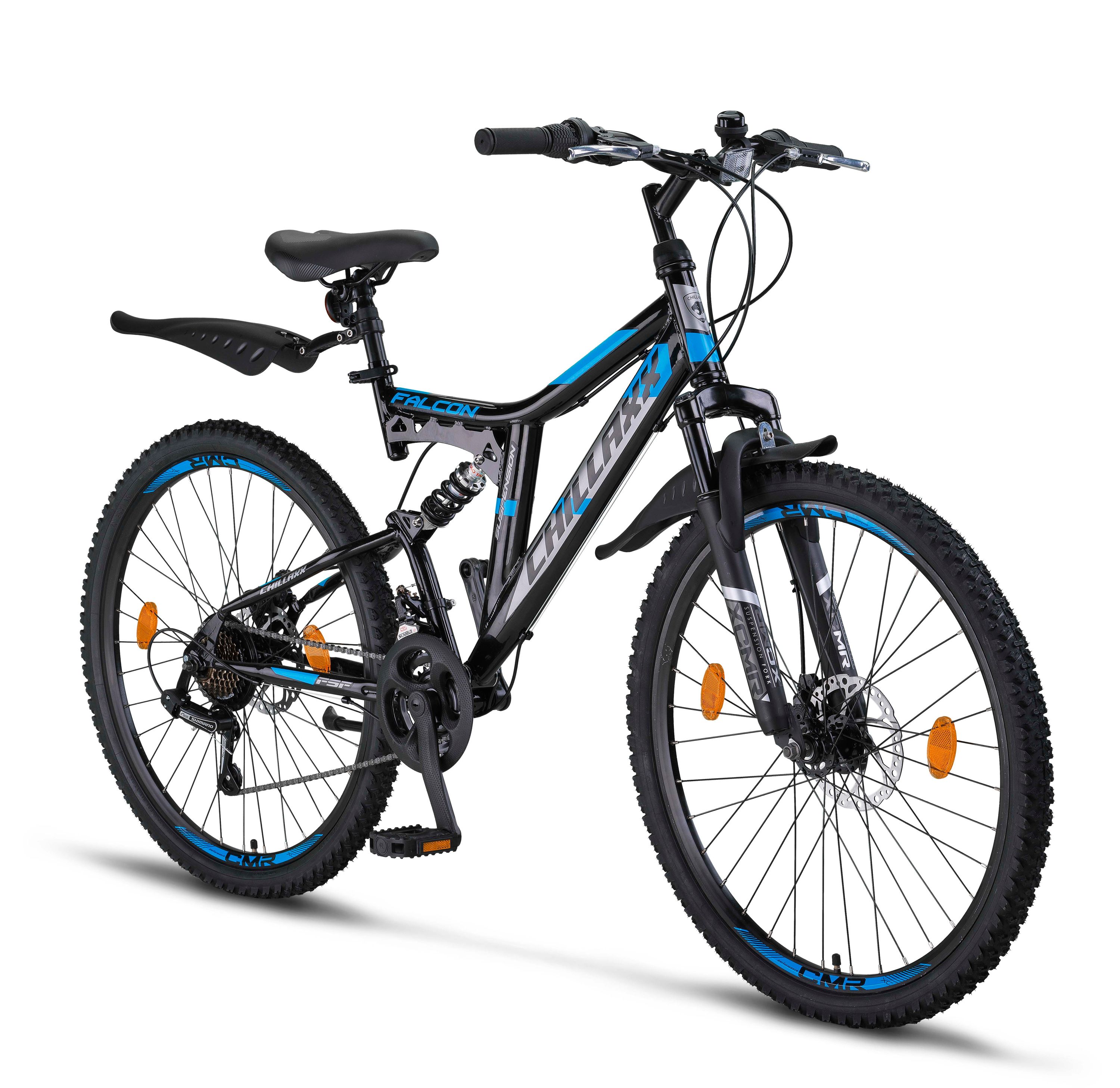 Chillaxx Bike Falcon Premium Mountainbike in 24 und 26 Zoll - Fahrrad für Jungen, Mädchen, Damen und Herren - Scheibenbremse- 21 Gang-Schaltung - Vollfederung